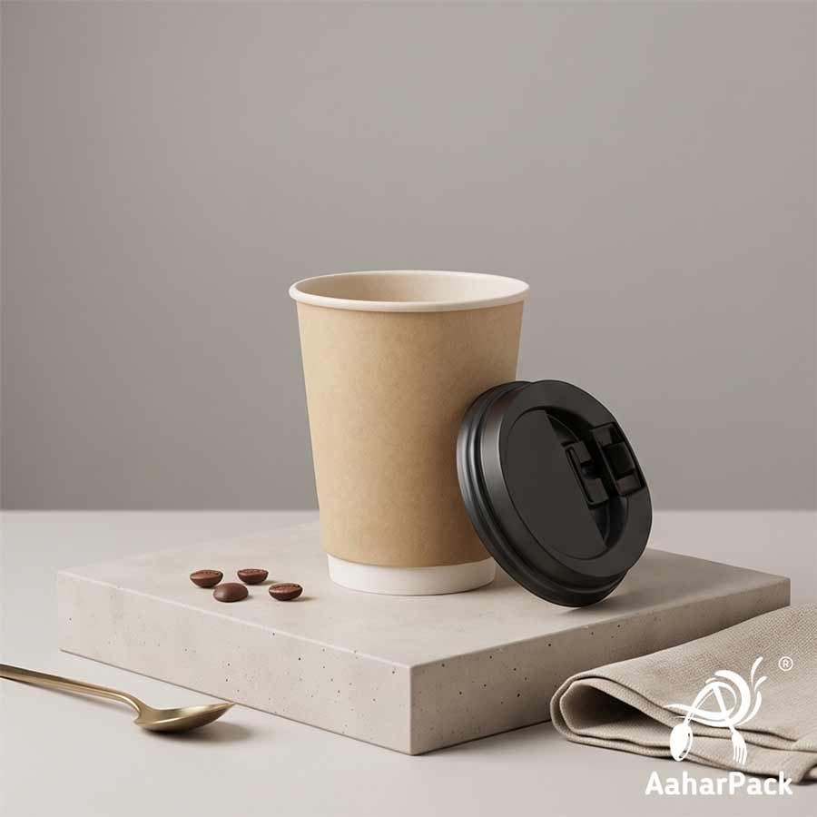 360 ML (12 oz) Kraft Double Wall Paper Cups with Lockable Black Sipper Lids (Pack of 200) - Spill-Proof Insulated Takeaway Cups