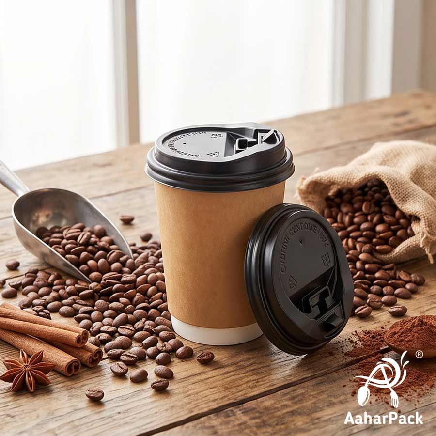 360 ML (12 oz) Kraft Double Wall Paper Cups with Lockable Black Sipper Lids (Pack of 200) - Spill-Proof Insulated Takeaway Cups