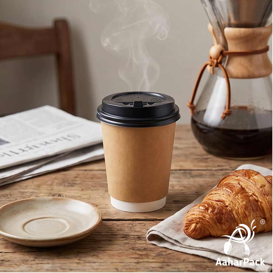 360 ML (12 oz) Kraft Double Wall Paper Cups with Lockable Black Sipper Lids (Pack of 200) - Spill-Proof Insulated Takeaway Cups