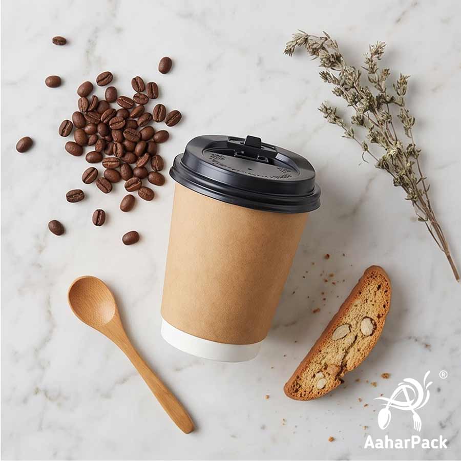 360 ML (12 oz) Kraft Double Wall Paper Cups with Lockable Black Sipper Lids (Pack of 200) - Spill-Proof Insulated Takeaway Cups
