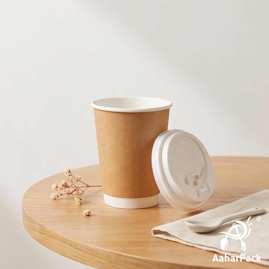 360 ML (12 oz) Kraft Double Wall Paper Cups with Lockable White Sipper Lids (Pack of 200) - Spill-Proof Insulated Takeaway Cups