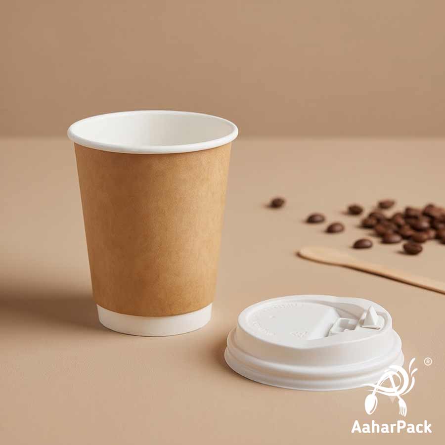360 ML (12 oz) Kraft Double Wall Paper Cups with Lockable White Sipper Lids (Pack of 200) - Spill-Proof Insulated Takeaway Cups