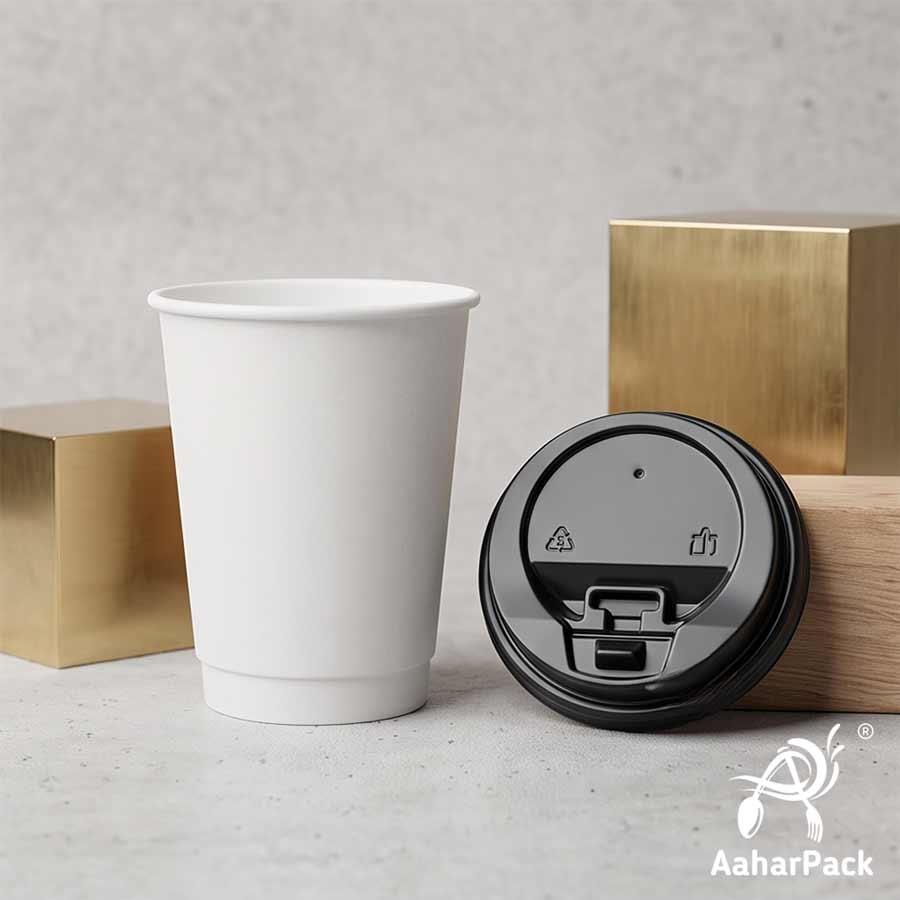360 ML (12 oz) White Double Wall Paper Cups with Lockable Black Sipper Lids (Pack of 200) - Spill-Proof Insulated Takeaway Cups