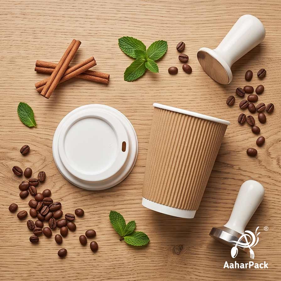 360 ML (12 oz) Kraft Ripple Wall Paper Cups with Bagasse Sipper Lids (Pack of 150) - 100% Plastic-Free Insulated Takeaway Cups