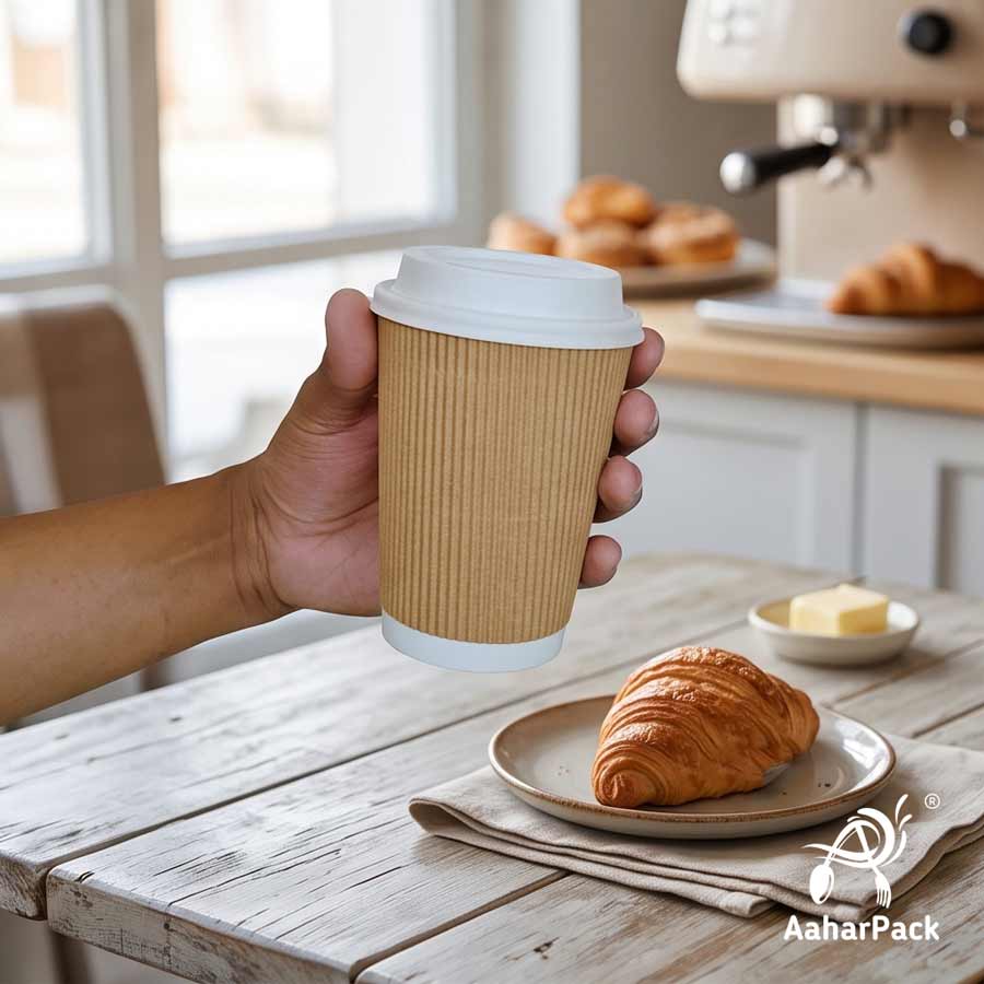360 ML (12 oz) Kraft Ripple Wall Paper Cups with Bagasse Sipper Lids (Pack of 150) - 100% Plastic-Free Insulated Takeaway Cups
