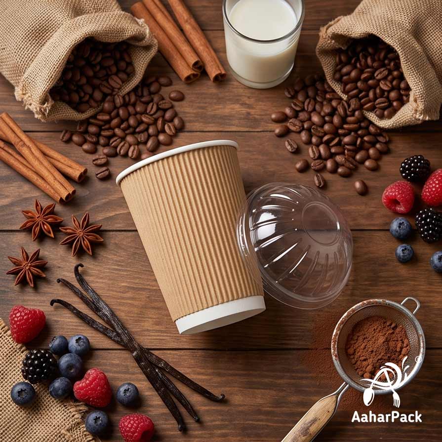 360 ML (12 oz) Kraft Ripple Wall Paper Cups With Dome Lids (Pack of 100) - Large Premium Insulated Eco-Friendly Coffee Cups