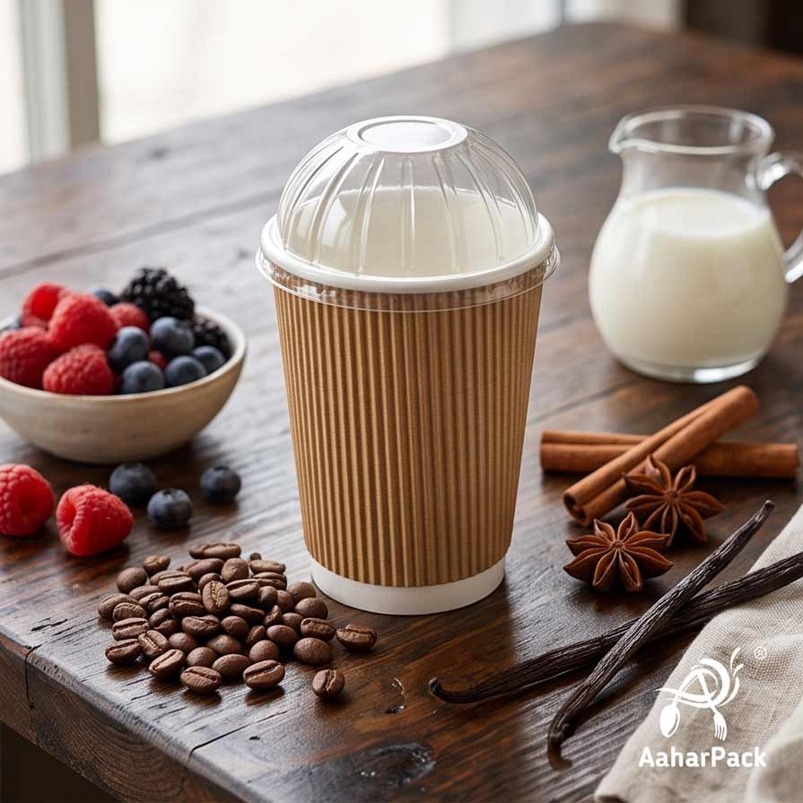 360 ML (12 oz) Kraft Ripple Wall Paper Cups With Dome Lids (Pack of 100) - Large Premium Insulated Eco-Friendly Coffee Cups