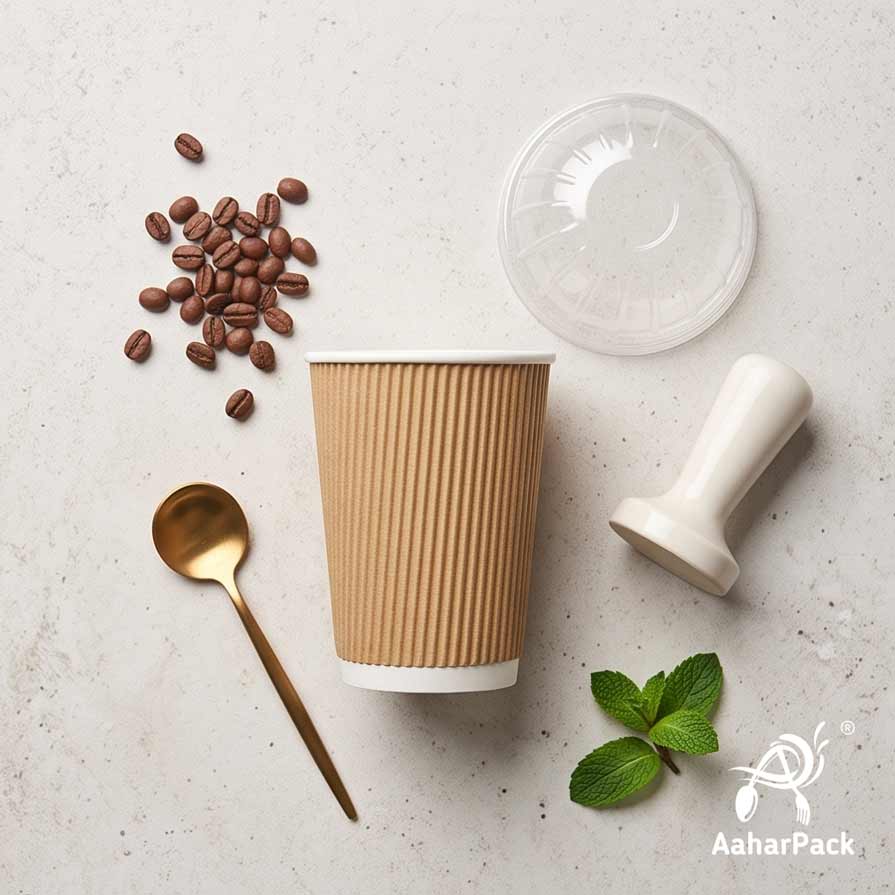 360 ML (12 oz) Kraft Ripple Wall Paper Cups With Dome Lids (Pack of 100) - Large Premium Insulated Eco-Friendly Coffee Cups