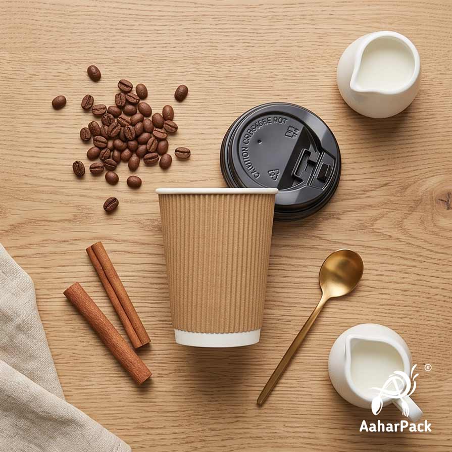 360 ML (12 oz) Kraft Ripple Wall Paper Cups with Lockable Black Sipper Lids (Pack of 150) - Spill-Proof Insulated Takeaway Cups