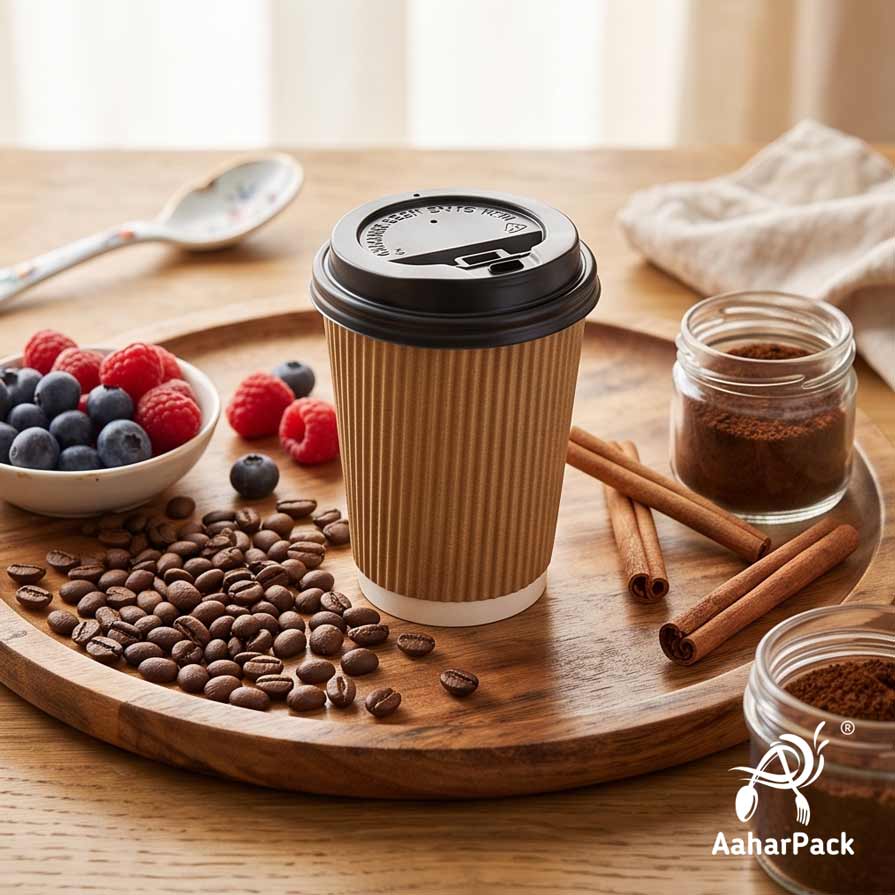 360 ML (12 oz) Kraft Ripple Wall Paper Cups with Lockable Black Sipper Lids (Pack of 150) - Spill-Proof Insulated Takeaway Cups