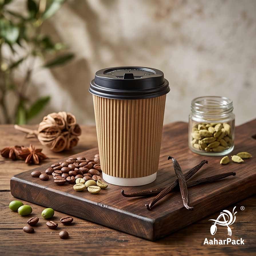 360 ML (12 oz) Kraft Ripple Wall Paper Cups with Lockable Black Sipper Lids (Pack of 150) - Spill-Proof Insulated Takeaway Cups