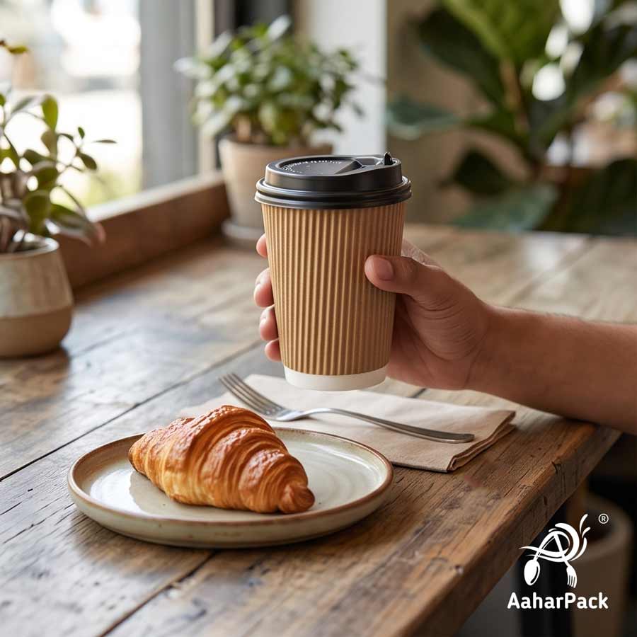 360 ML (12 oz) Kraft Ripple Wall Paper Cups with Lockable Black Sipper Lids (Pack of 150) - Spill-Proof Insulated Takeaway Cups