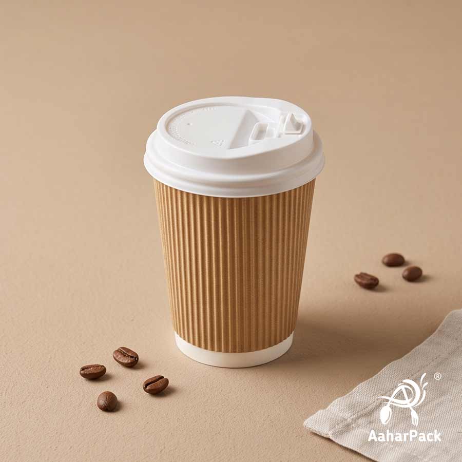 360 ML (12 oz) Kraft Ripple Wall Paper Cups with Lockable White Sipper Lids (Pack of 150) - Spill-Proof Insulated Takeaway Cups