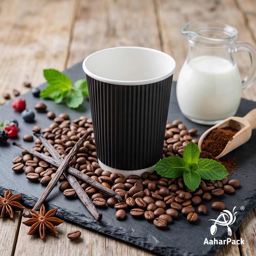 360 ML (12 oz) Black Ripple Wall Paper Cups with Bagasse Sipper Lids (Pack of 150) - 100% Plastic-Free Insulated Takeaway Cups