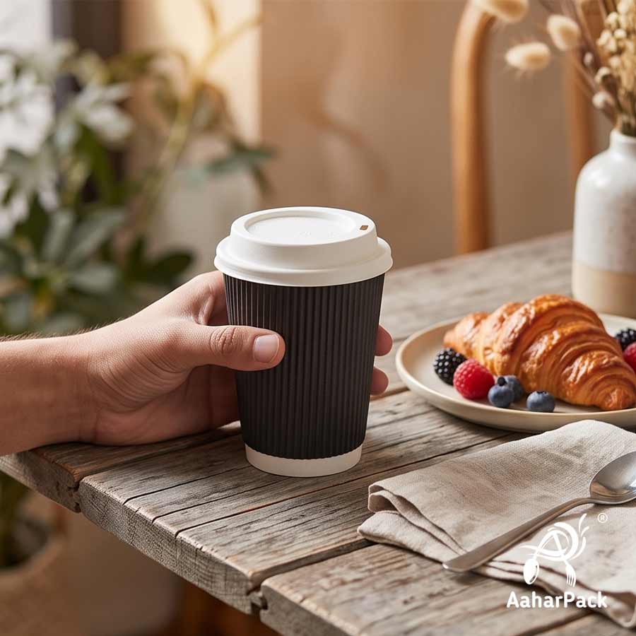 360 ML (12 oz) Black Ripple Wall Paper Cups with Bagasse Sipper Lids (Pack of 150) - 100% Plastic-Free Insulated Takeaway Cups