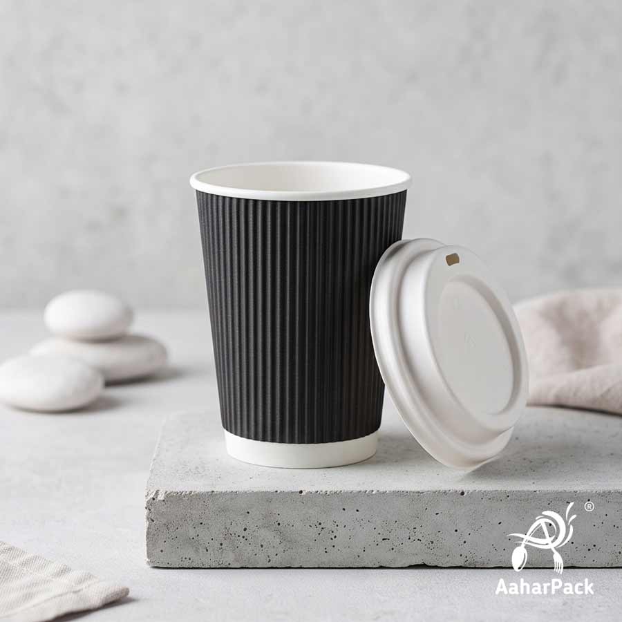 360 ML (12 oz) Black Ripple Wall Paper Cups with Bagasse Sipper Lids (Pack of 150) - 100% Plastic-Free Insulated Takeaway Cups