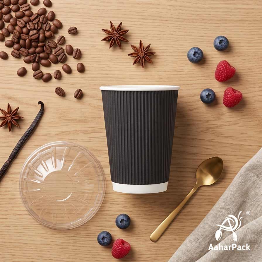 360 ML (12 oz) Black Ripple Wall Paper Cups With Dome Lids (Pack of 100) - Large Premium Insulated Takeaway Coffee Cups
