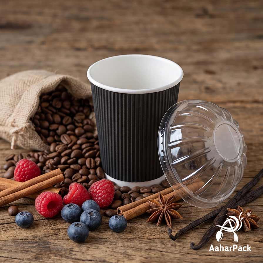 360 ML (12 oz) Black Ripple Wall Paper Cups With Dome Lids (Pack of 100) - Large Premium Insulated Takeaway Coffee Cups