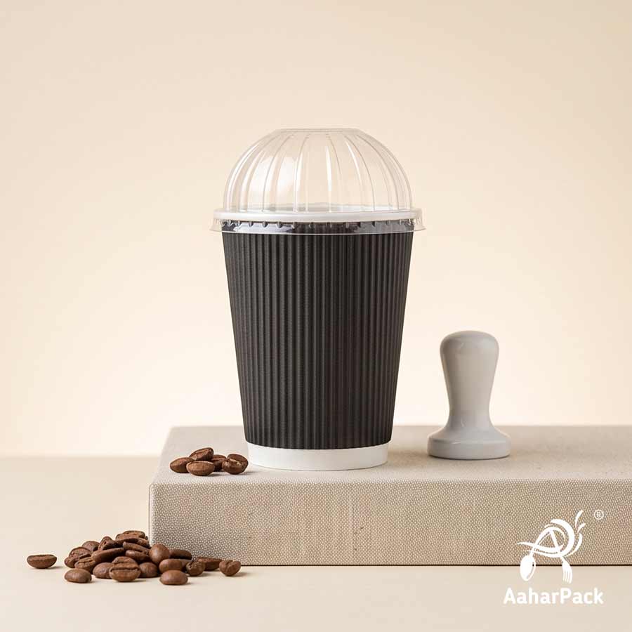360 ML (12 oz) Black Ripple Wall Paper Cups With Dome Lids (Pack of 100) - Large Premium Insulated Takeaway Coffee Cups