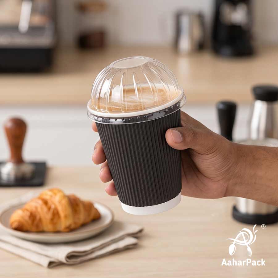 360 ML (12 oz) Black Ripple Wall Paper Cups With Dome Lids (Pack of 100) - Large Premium Insulated Takeaway Coffee Cups