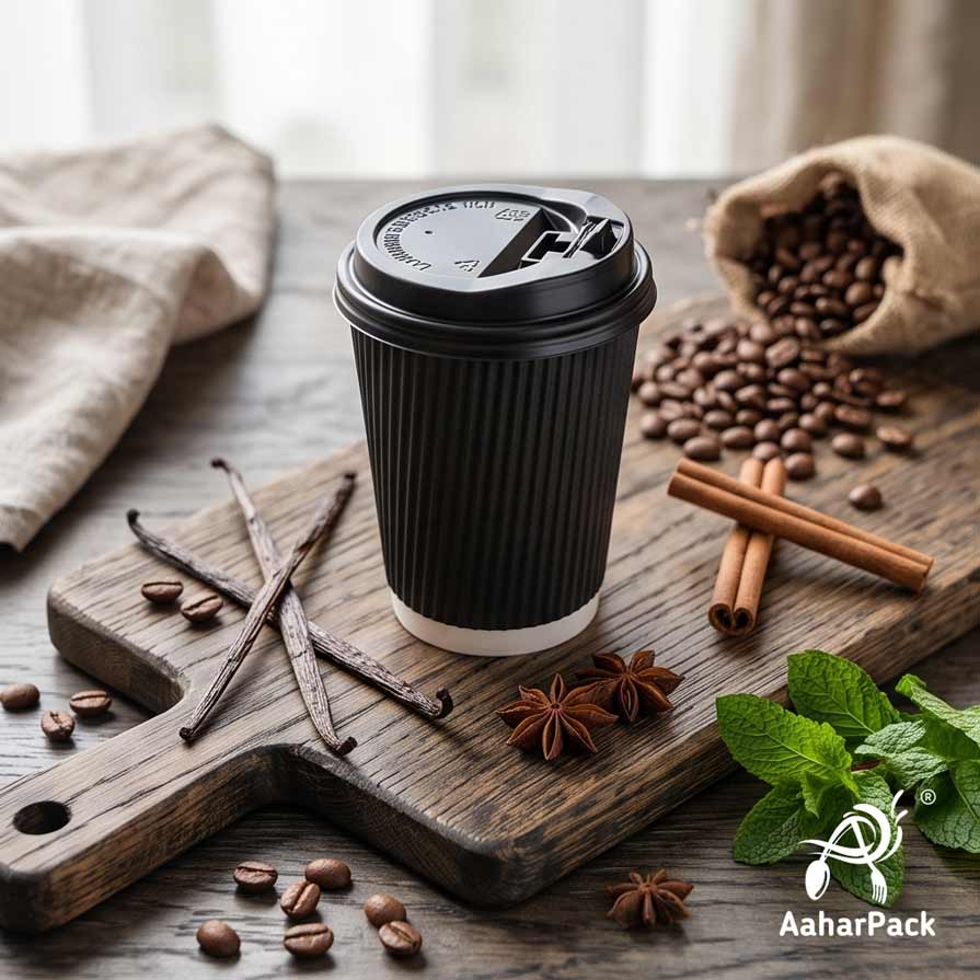 360 ML (12 oz) Black Ripple Wall Paper Cups with Lockable Black Sipper Lids (Pack of 150) - Spill-Proof Insulated Takeaway Cups