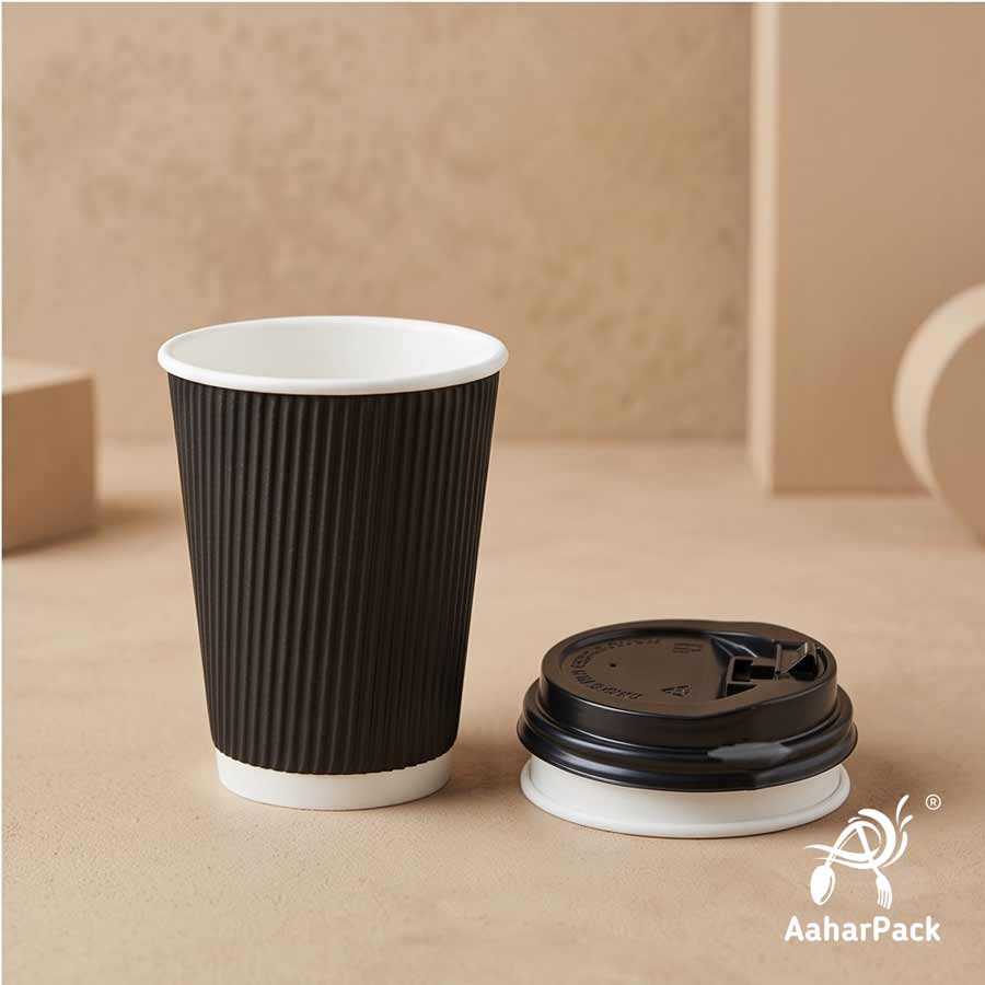360 ML (12 oz) Black Ripple Wall Paper Cups with Lockable Black Sipper Lids (Pack of 150) - Spill-Proof Insulated Takeaway Cups