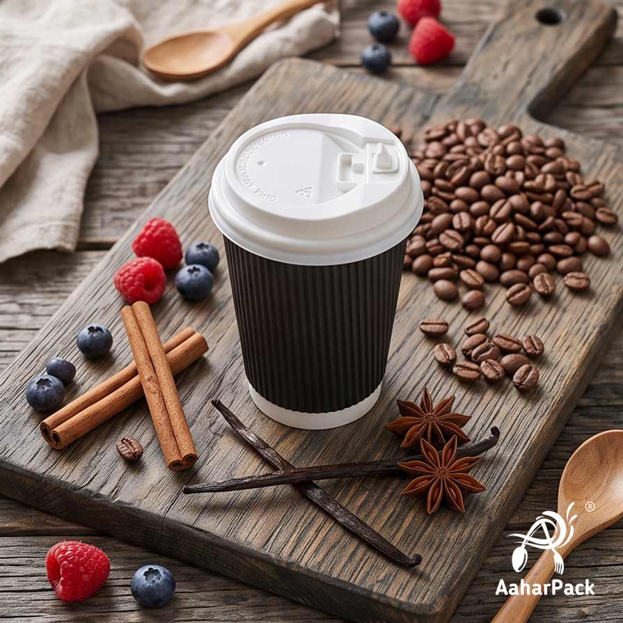 360 ML (12 oz) Black Ripple Wall Paper Cups with Lockable White Sipper Lids (Pack of 150) - Spill-Proof Insulated Takeaway Cups