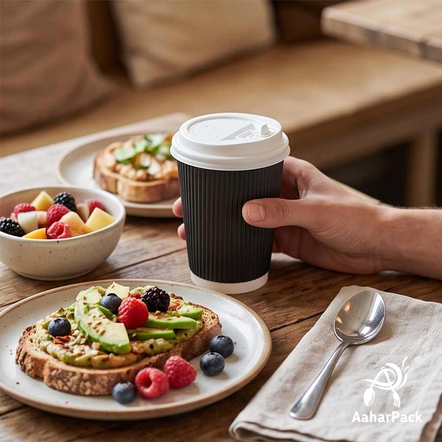 360 ML (12 oz) Black Ripple Wall Paper Cups with Lockable White Sipper Lids (Pack of 150) - Spill-Proof Insulated Takeaway Cups